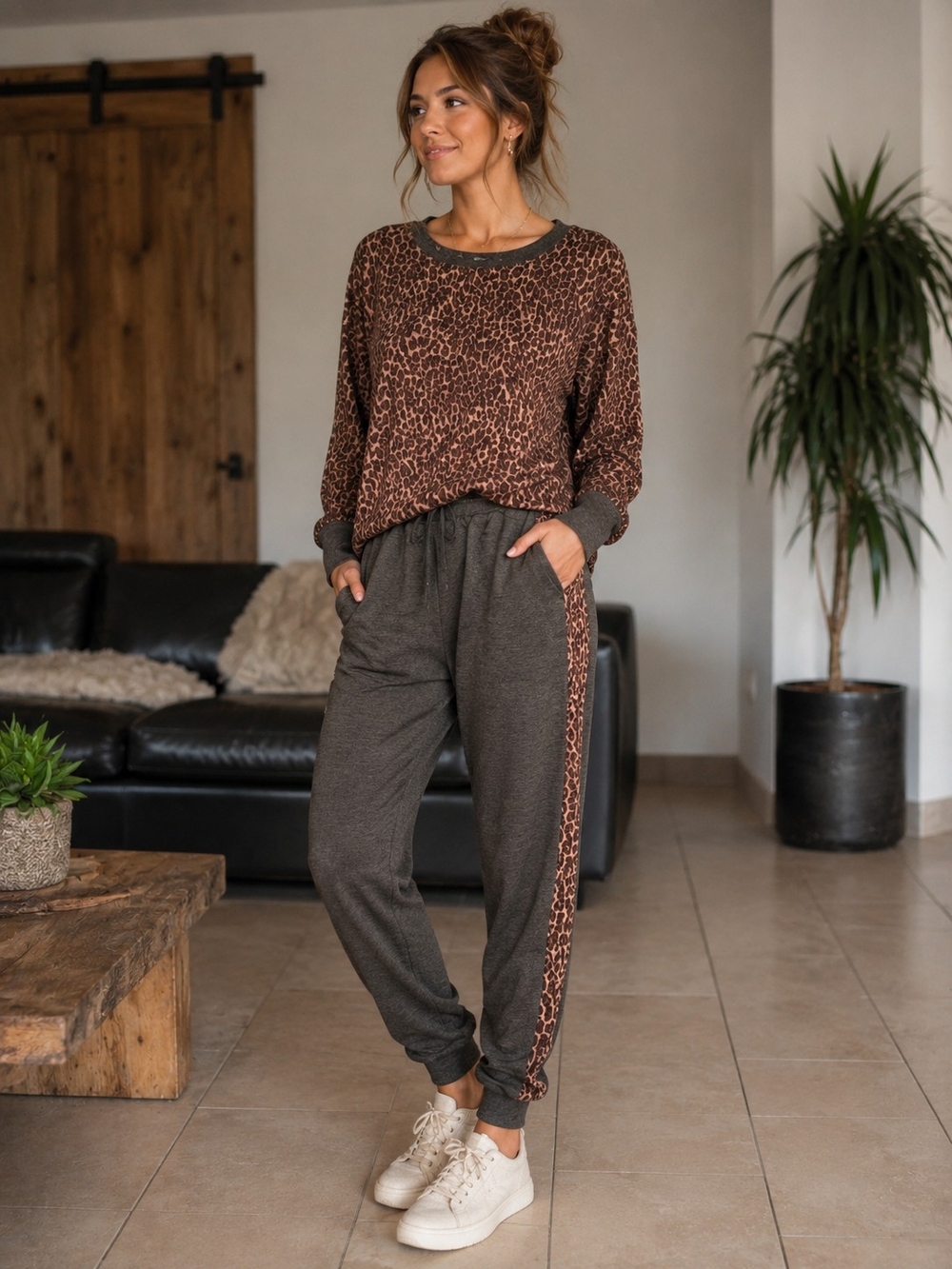 Splendid Brown Leopard-Trim Jogger Pants